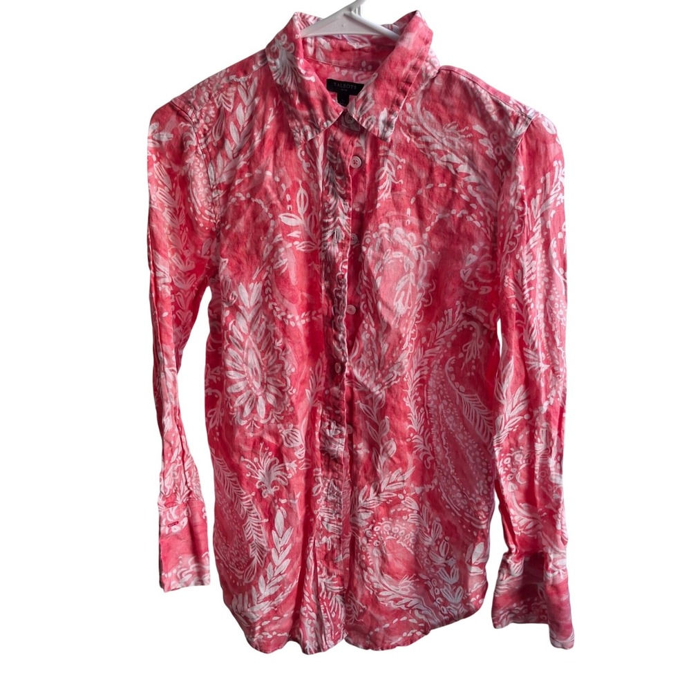 Talbots Petite Small Linen Button Down Shirt Coral Pink Floral Paisley IN5250